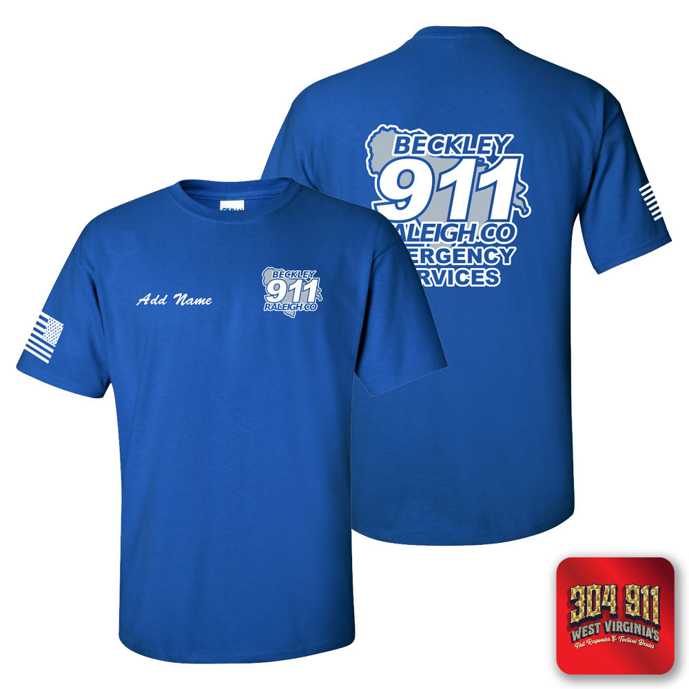 "BECKLEY-RALEIGH COUNTY EMERGENCY SERVICES" ROYAL SCREEN PRINTED BLUE WORK T-SHIRT