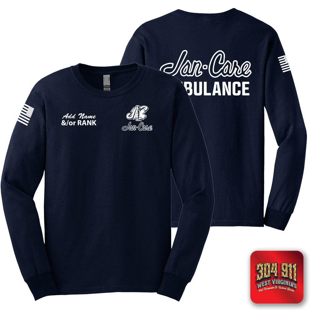 "JAN-CARE AMBULANCE" SCREEN PRINT ON NAVY SCREEN PRINTED LONG SLEEVE WORK T-SHIRT