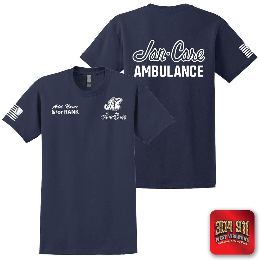 "JAN-CARE AMBULANCE" SCREEN PRINT ON NAVY WORK T-SHIRT