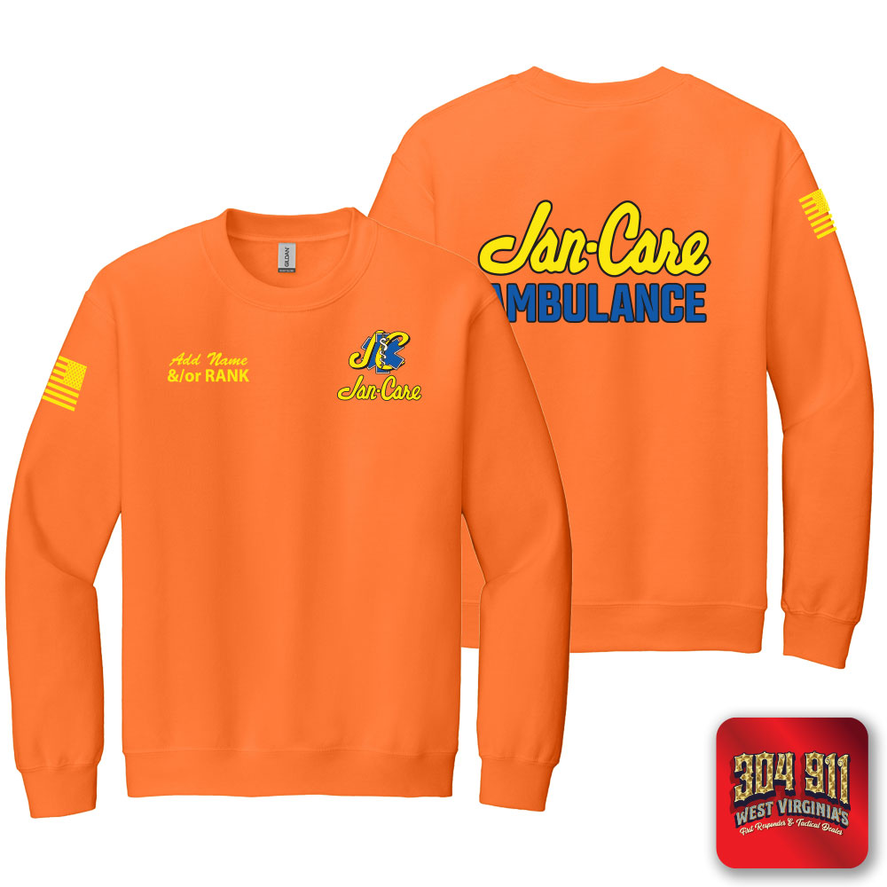 "JAN-CARE AMBULANCE" SCREEN PRINT ON SAFETY ORANGE JERZEES WORK SWEATSHIRT