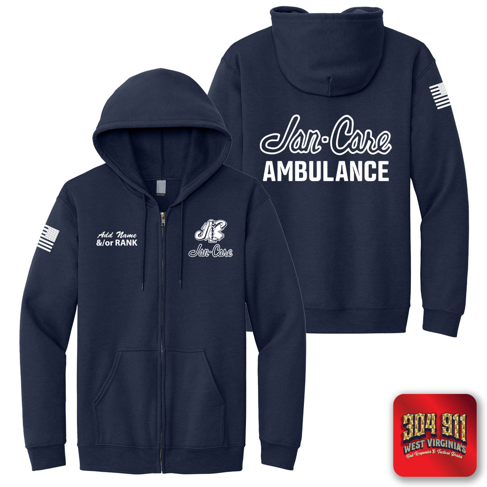 "JAN-CARE AMBULANCE" SCREEN PRINT ON NAVY JERZEES® - NuBlend® Full-Zip Hooded Sweatshirt