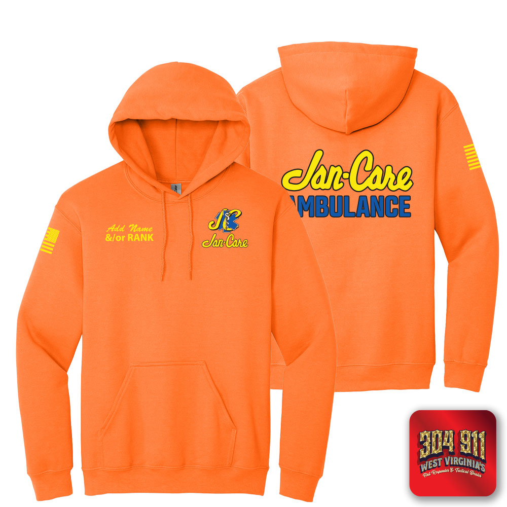 "JAN-CARE AMBULANCE" SCREEN PRINT ON SAFETY ORANGE JERZEES® - NuBlend® Pullover Hooded Sweatshirt