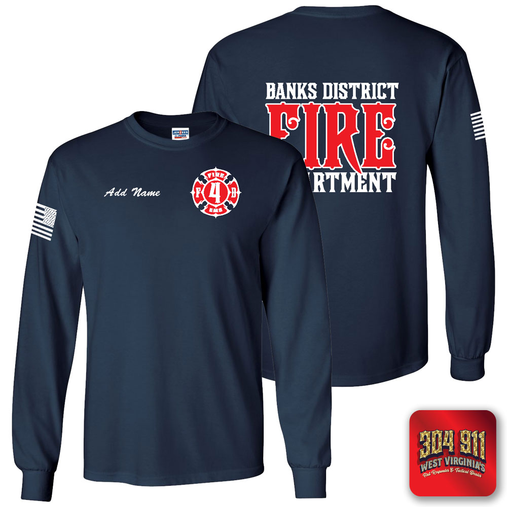 "BANKS DISTRICT FIRE DEPT" SCREEN PRINT ON NAVY SCREEN PRINTED LONG SLEEVE WORK T-SHIRT