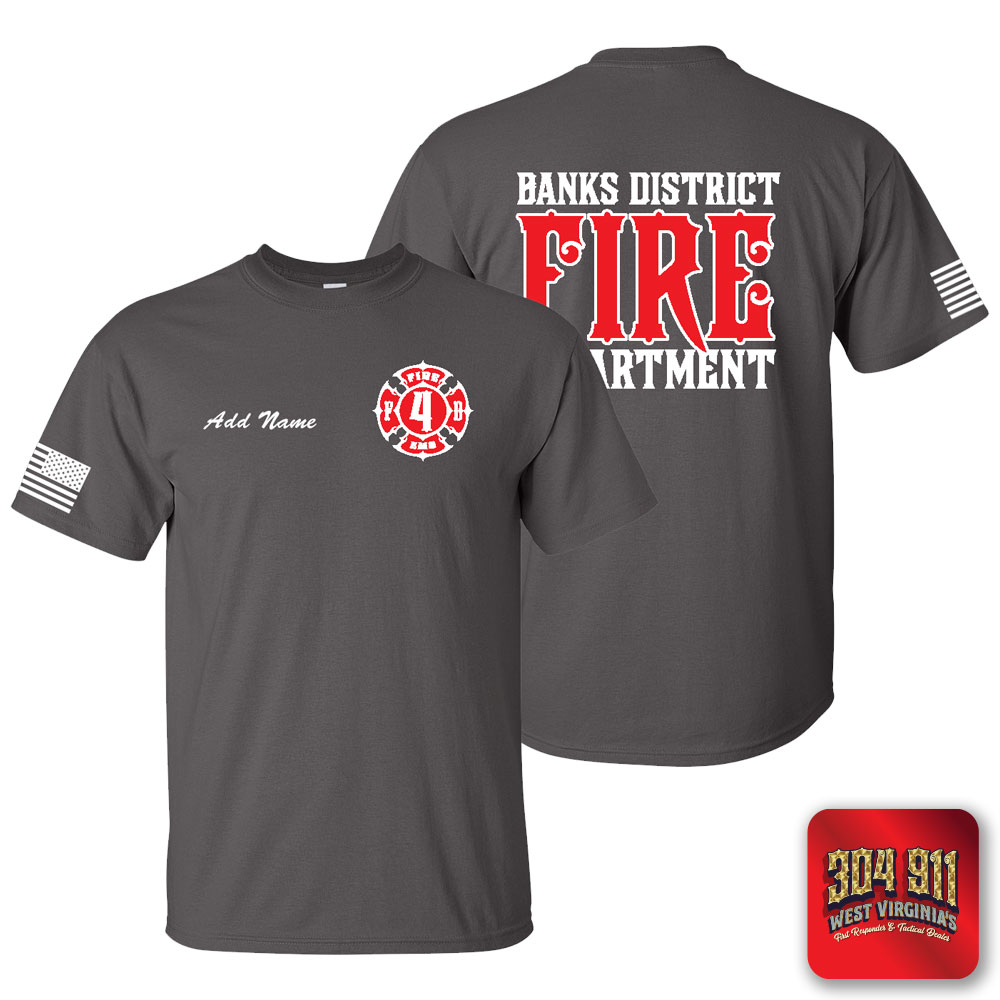 "BANKS DISTRICT FIRE DEPT" SCREEN PRINT ON CHARCOAL WORK T-SHIRT