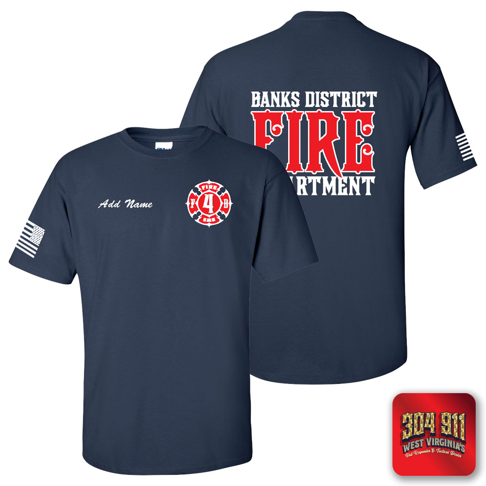 "BANKS DISTRICT FIRE DEPT" SCREEN PRINT ON NAVY WORK T-SHIRT