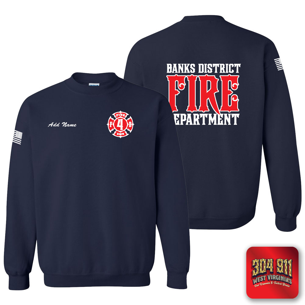 "BANKS DISTRICT FIRE DEPT" SCREEN PRINT ON NAVY JERZEES WORK SWEATSHIRT