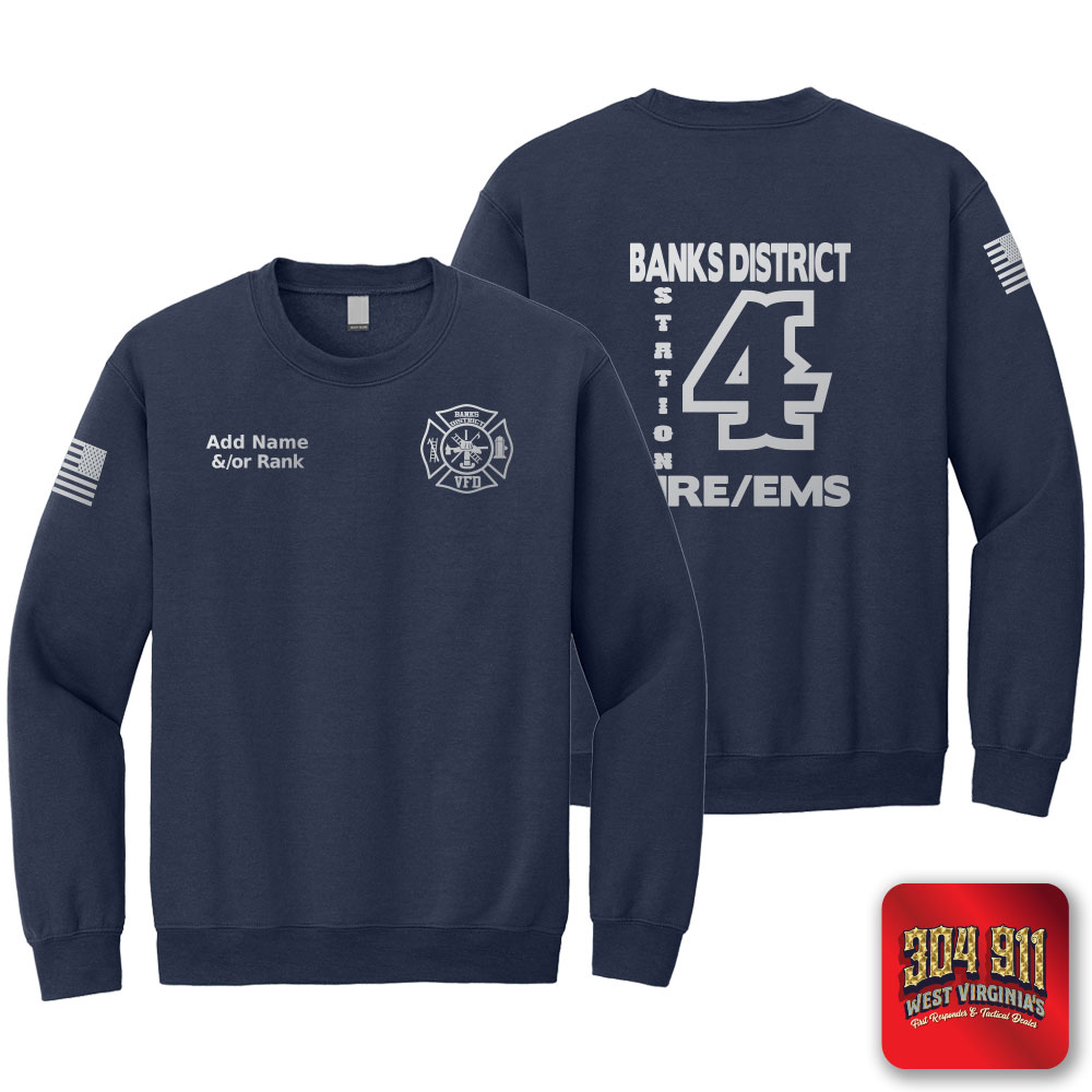 "BANKS DISTRICT FIRE DEPT" REFLECTIVE PRINT ON NAVY JERZEES WORK SWEATSHIRT
