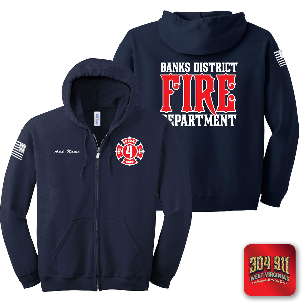 "BANKS DISTRICT FIRE DEPT" SCREEN PRINT ON NAVY JERZEES® - NuBlend® Full-Zip Hooded Sweatshirt