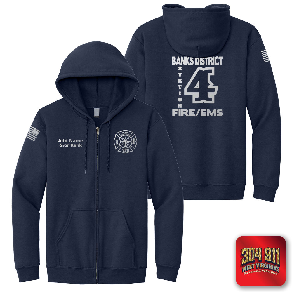 "BANKS DISTRICT FIRE DEPT" REFLECTIVE PRINT ON NAVY JERZEES® - NuBlend® Full-Zip Hooded Sweatshirt