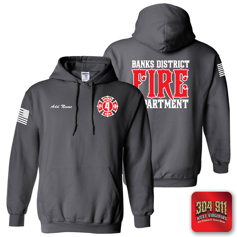 "BANKS DISTRICT FIRE DEPT" SCREEN PRINT ON CHARCOAL JERZEES® - NuBlend® Pullover Hooded Sweatshirt