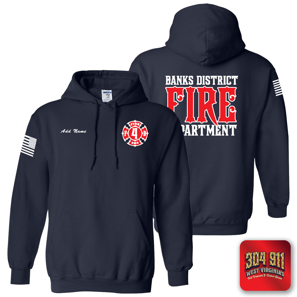 "BANKS DISTRICT FIRE DEPT" SCREEN PRINT ON NAVY JERZEES® - NuBlend® Pullover Hooded Sweatshirt