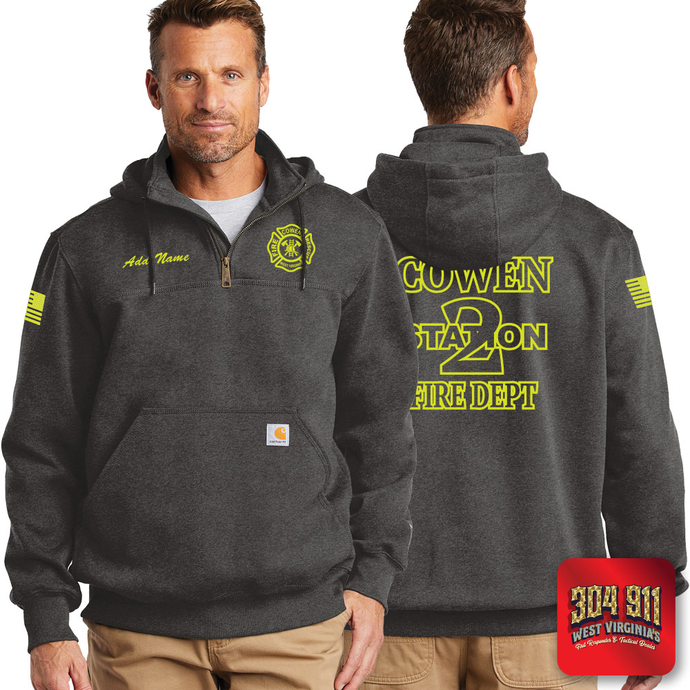 "COWEN FIRE DEPARTMENT" CARBON HEATHER Carhartt ® Rain Defender ® Paxton Heavyweight Hooded Zip Mock Sweatshirt
