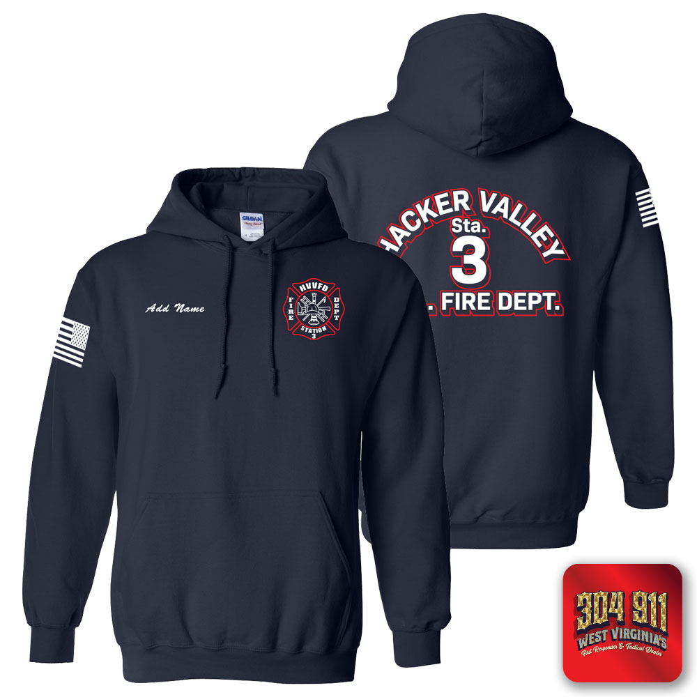 "HACKER VALLEY FIRE DEPARTMENT" NAVY GILDAN WORK HOODIE