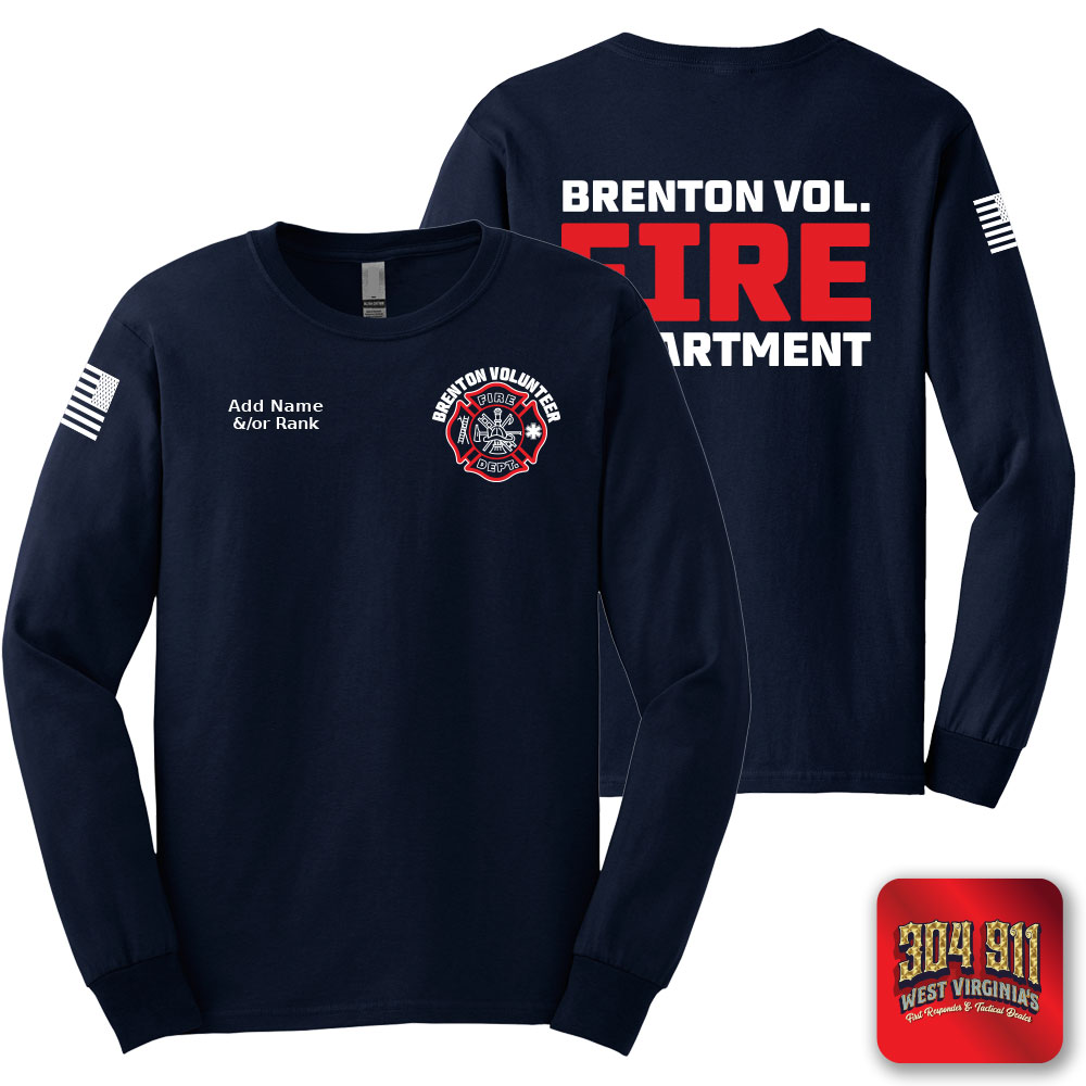 "BRENTON VOLUNTEER FIRE DEPARTMENT" SCREEN PRINT ON NAVY SCREEN PRINTED LONG SLEEVE WORK T-SHIRT