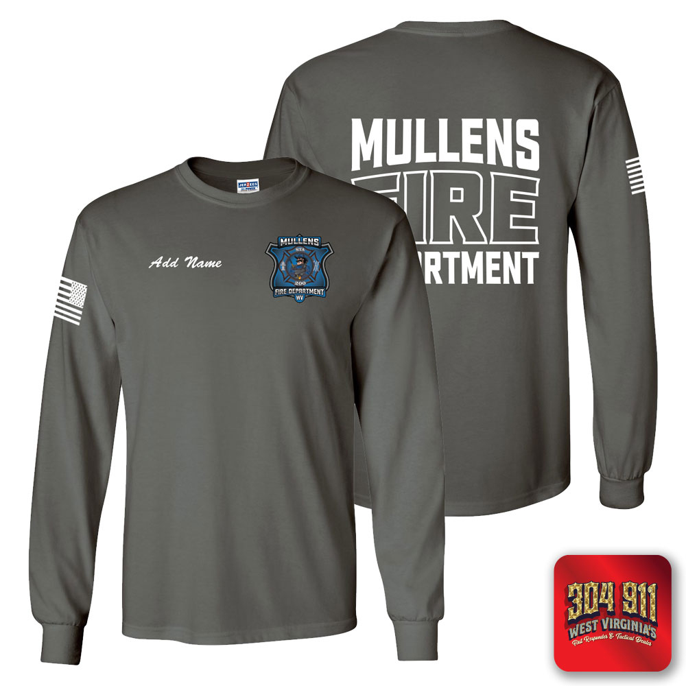 "MULLENS FIRE DEPARTMENT" CHARCOAL SCREEN PRINTED LONG SLEEVE WORK T-SHIRT
