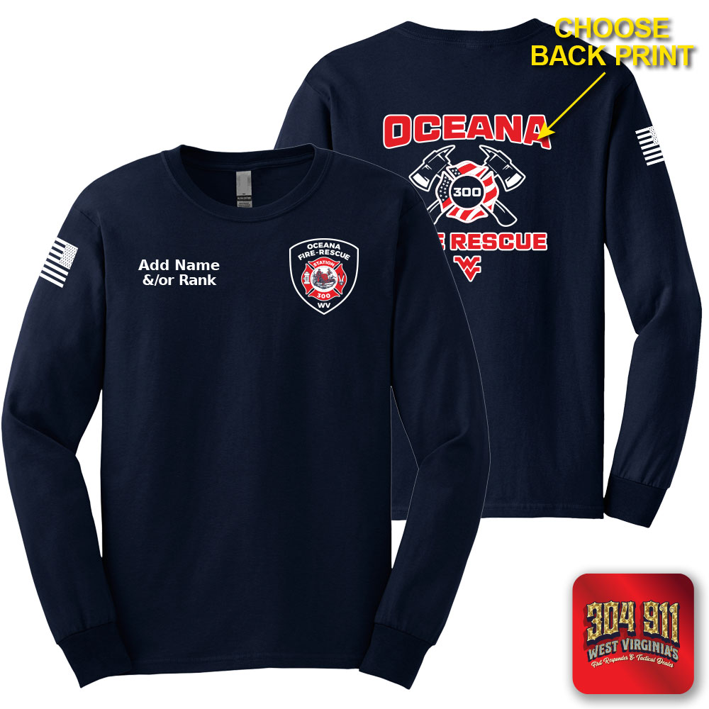 "OCEANA FIRE RESCUE" SCREEN PRINT ON NAVY SCREEN PRINTED LONG SLEEVE WORK T-SHIRT