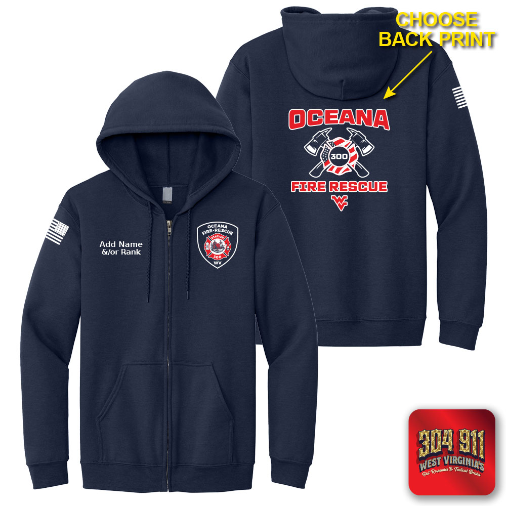 "OCEANA FIRE RESCUE" SCREEN PRINT ON NAVY JERZEES® - NuBlend® Full-Zip Hooded Sweatshirt