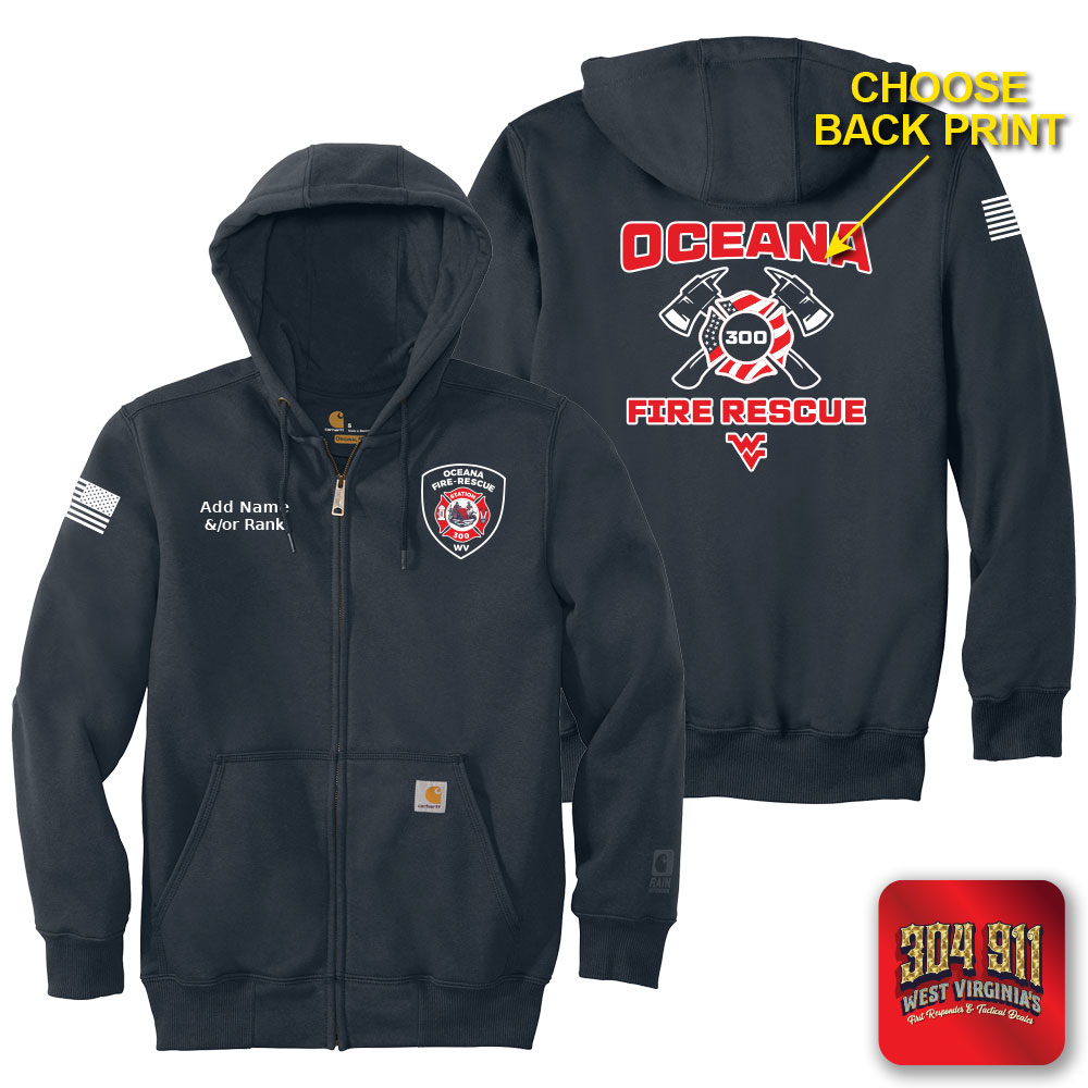 "OCEANA FIRE RESCUE" NEW NAVY Carhartt ® Rain Defender ® Paxton Heavyweight Hooded Zip Mock Sweatshirt