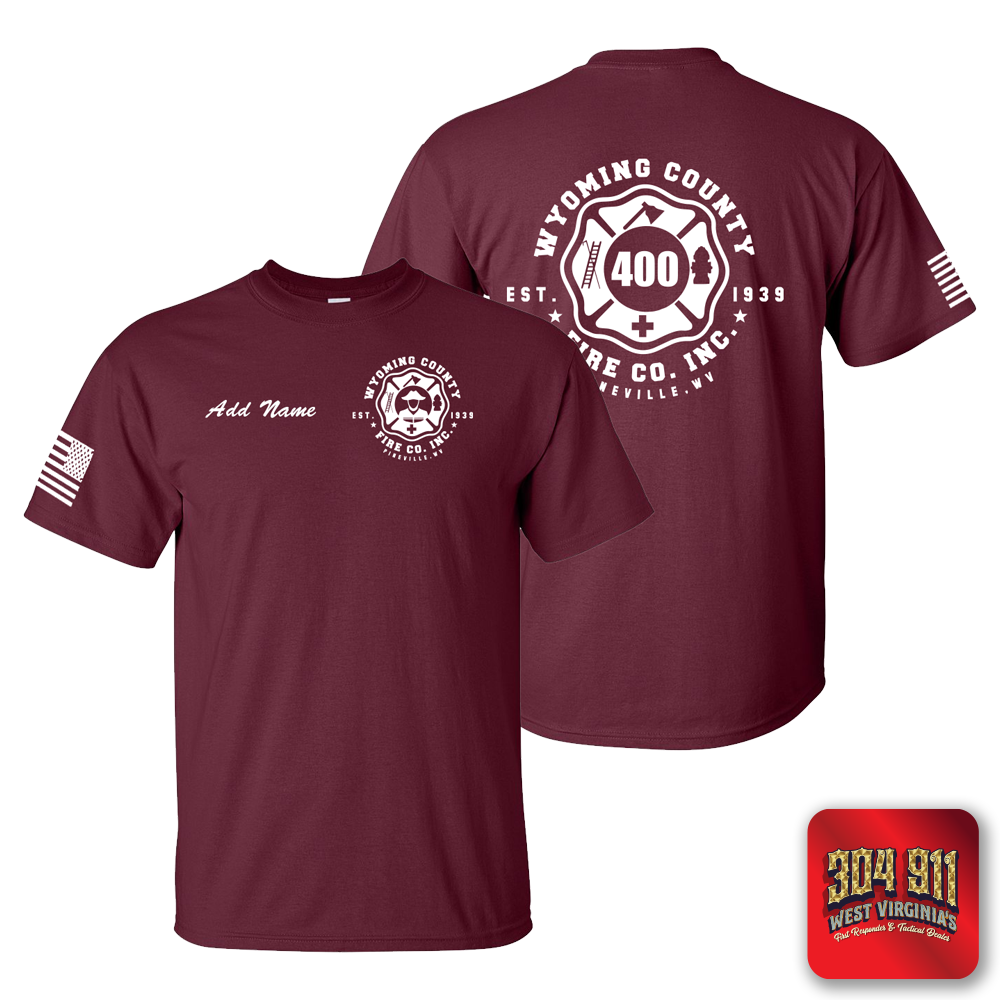 "WYOMING COUNTY FIRE CO. INC." SCREEN PRINTED MAROON WORK T-SHIRT