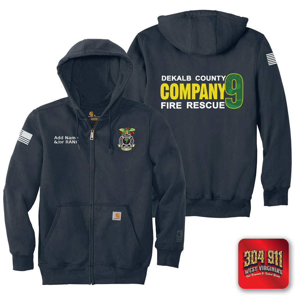 "DEKALB COUNTY FIRE RESCUE STATION 9" NEW NAVY Carhartt ® Rain Defender ® Paxton Heavyweight Hooded Zip Mock Sweatshirt