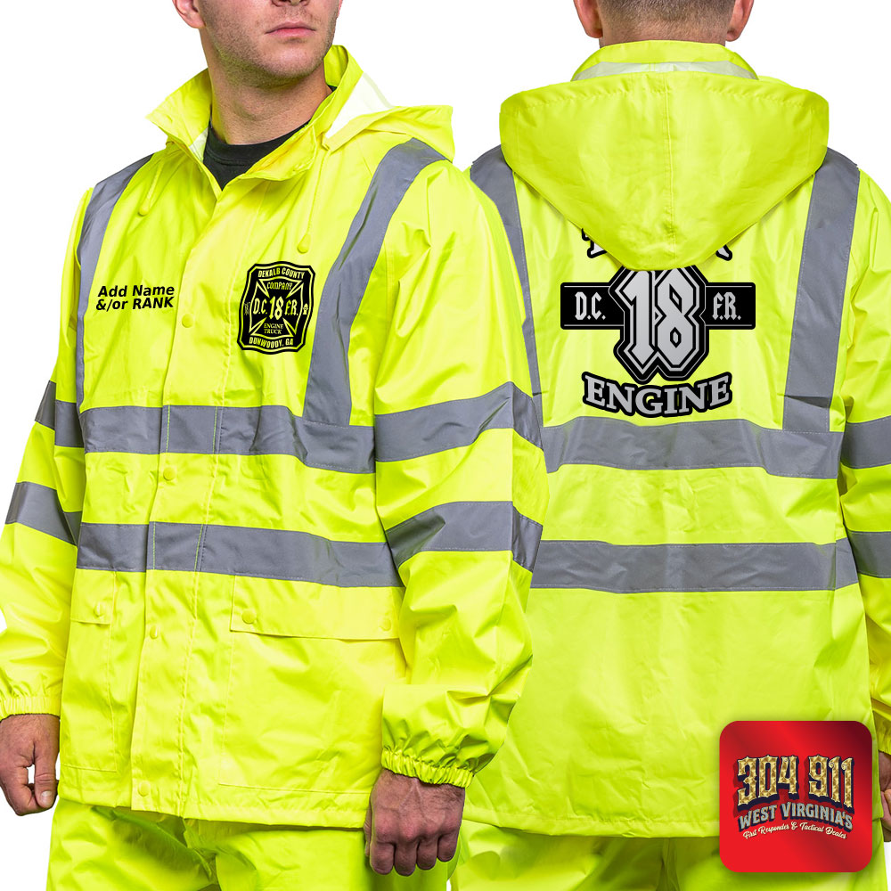 "DEKALB COUNTY FIRE STATION 18" GAME - The Econo HiVos Rain Jacket (NEON LIME)