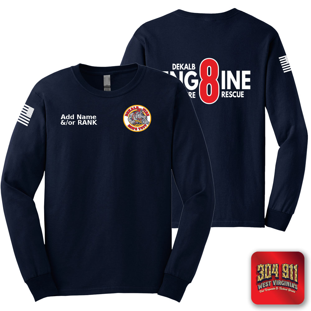 "DEKALB COUNTY STATION 8" SCREEN PRINT ON NAVY SCREEN PRINTED LONG SLEEVE WORK T-SHIRT
