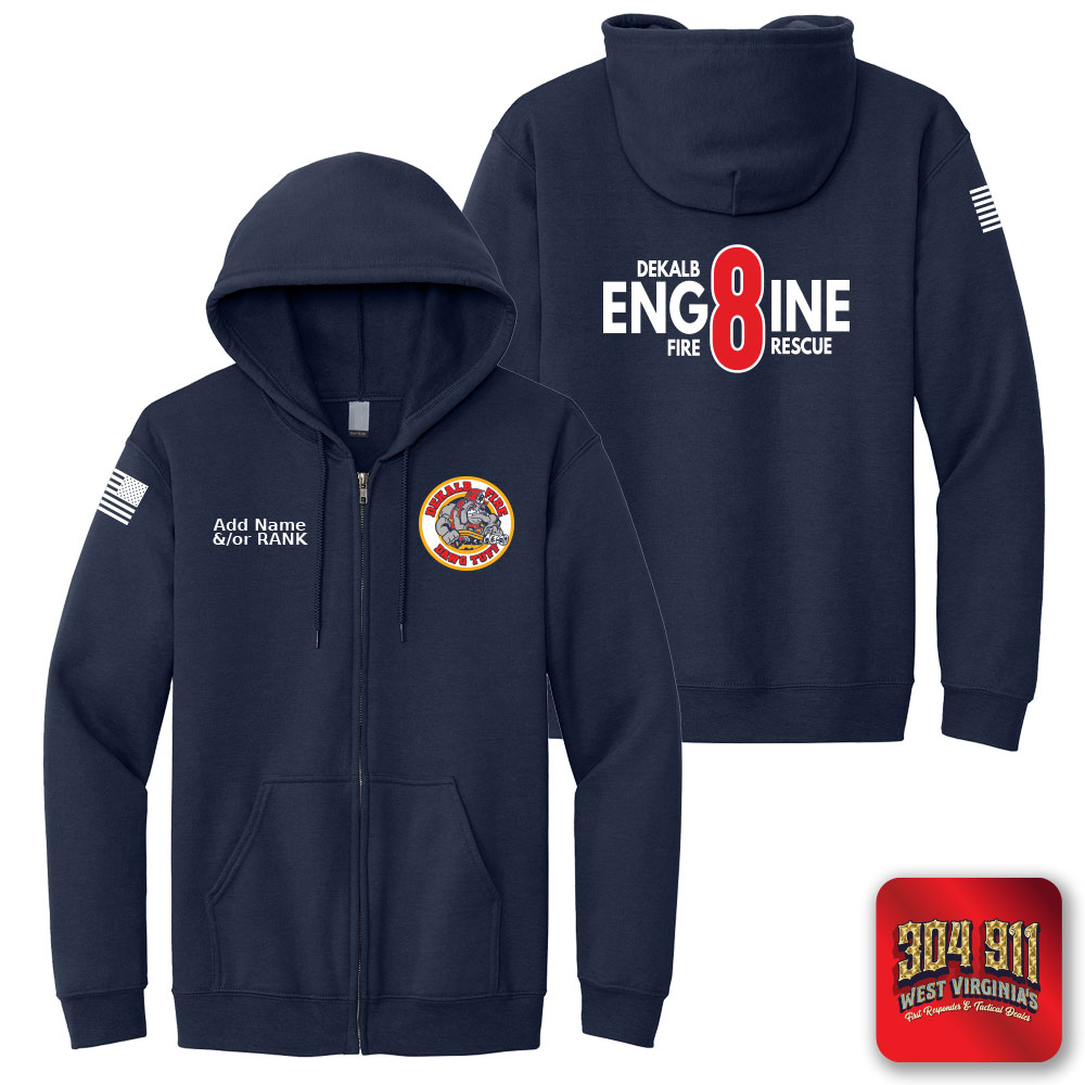 "DEKALB COUNTY STATION 8" SCREEN PRINT ON NAVY JERZEES® - NuBlend® Full-Zip Hooded Sweatshirt