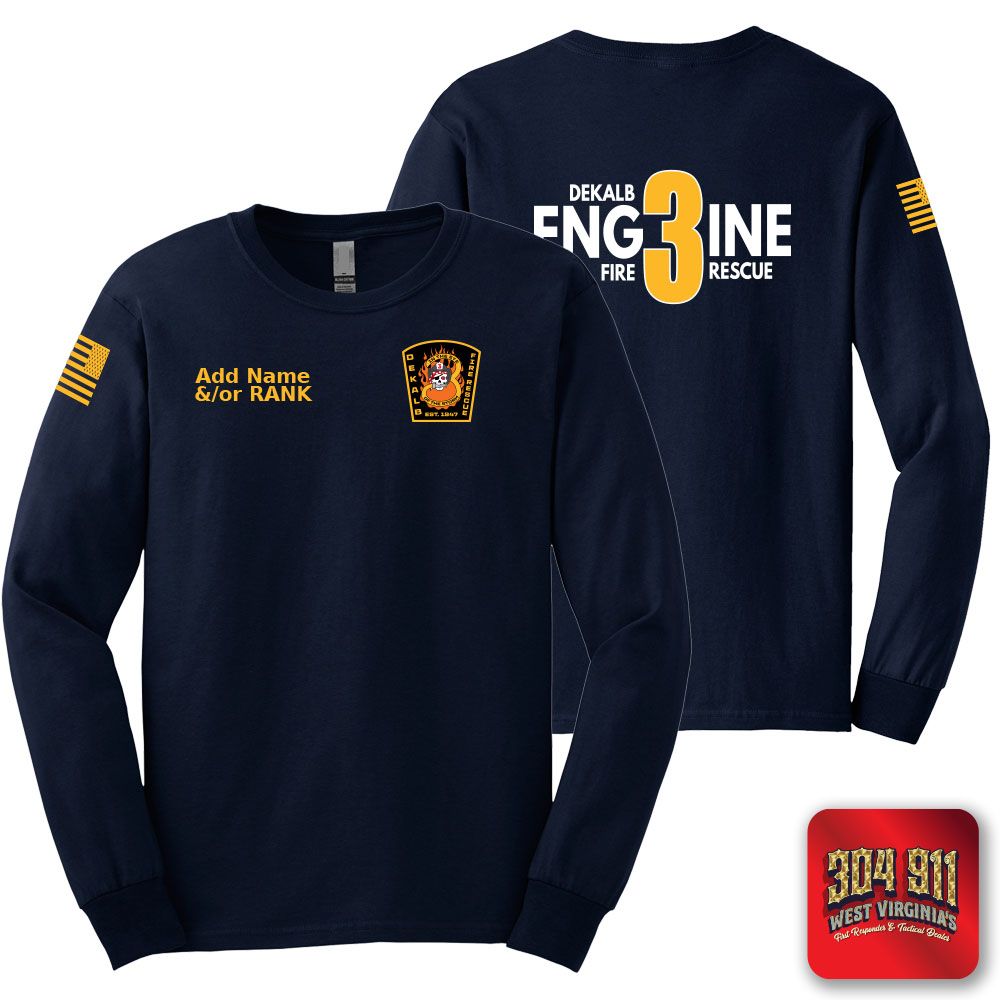 "DEKALB FIRE RESCUE STATION 3" SCREEN PRINT ON NAVY SCREEN PRINTED LONG SLEEVE WORK T-SHIRT