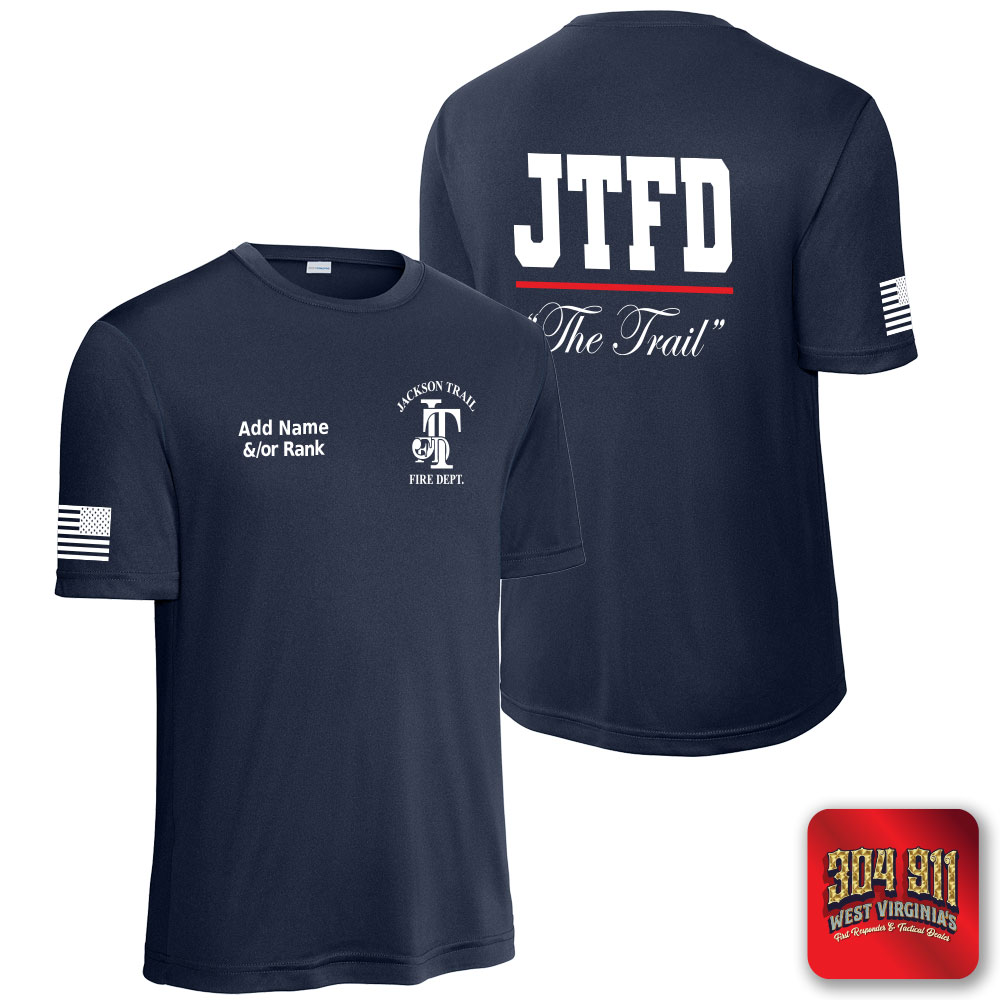 "JACKSON TRAIL FIRE DEPARTMENT" SCREEN PRINT ON NAVY PERFORMANCE REG & TALL T-SHIRT
