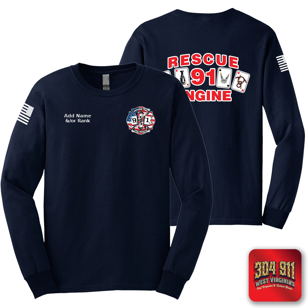 "JACKSON TRAIL RESCUE ENGINE 91" SCREEN PRINT ON NAVY SCREEN PRINTED LONG SLEEVE WORK T-SHIRT