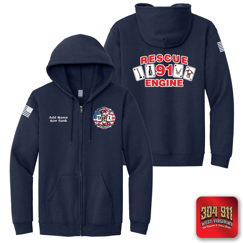 "JACKSON TRAIL RESCUE ENGINE 91" SCREEN PRINT ON NAVY JERZEES® - NuBlend® Full-Zip Hooded Sweatshirt