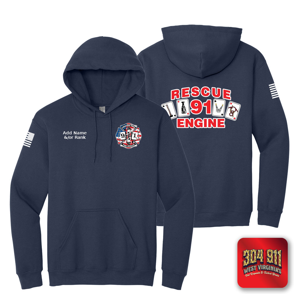"JACKSON TRAIL RESCUE ENGINE 91" SCREEN PRINT ON NAVY JERZEES® - NuBlend® Pullover Hooded Sweatshirt